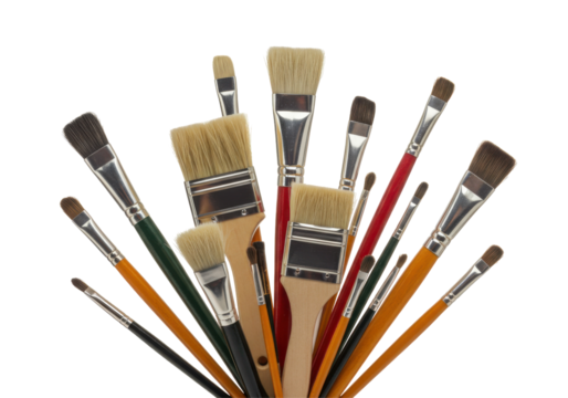 Bunch of Paint Brushes Isolated on White Background – Assorted Artistic Tools for Painting, Drawing, Crafting, and Creative Projects in High-Resolution PNG for Design, Education, and Advertising