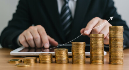 A man in a suit using a tablet with stacks of coins and an upward trending arrow overlaid on the image real estate business ,technology ,selling ,purchasing ,agreement ,$