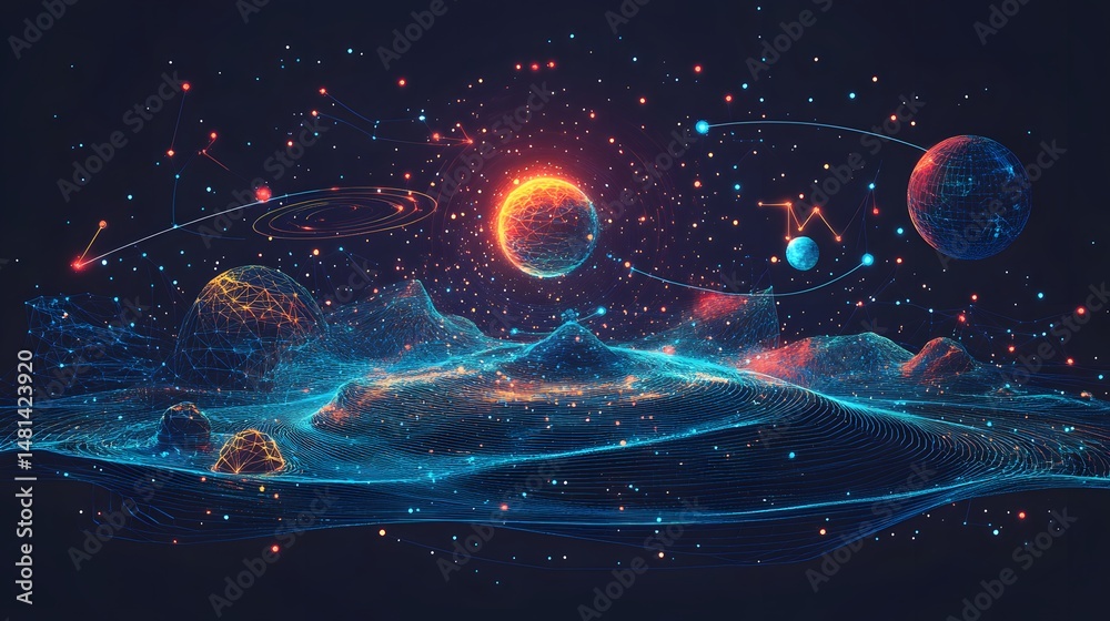 Aufkleber Futuristic landscape with glowing spheres and interconnected lines. Abstract wireframe terrain with celestial bodies creates a technological exploration in dark blue.