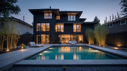 Obraz premium A contemporary three-level suburban house with modern architecture and stylish design surrounded by lush greenery and a spacious yard for family living and outdoor activities