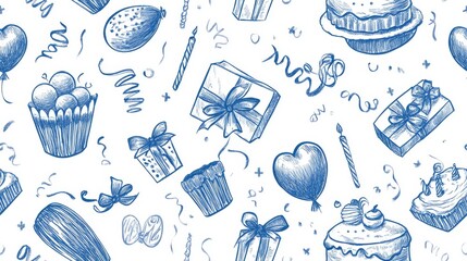 Dynamic celebration pattern, hand illustrated party items, floating cake designs, wrapped gift illustrations, balloon cluster drawings, party streamer doodles, festive decoration elements, continuous
