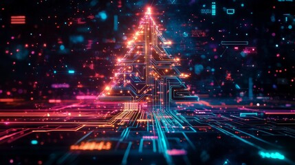 Cyber-tech festive tree composition, electronic circuit patterns, digital light streams, modern tech ornaments, glowing network nodes, futuristic holiday design, illuminated data paths, technological