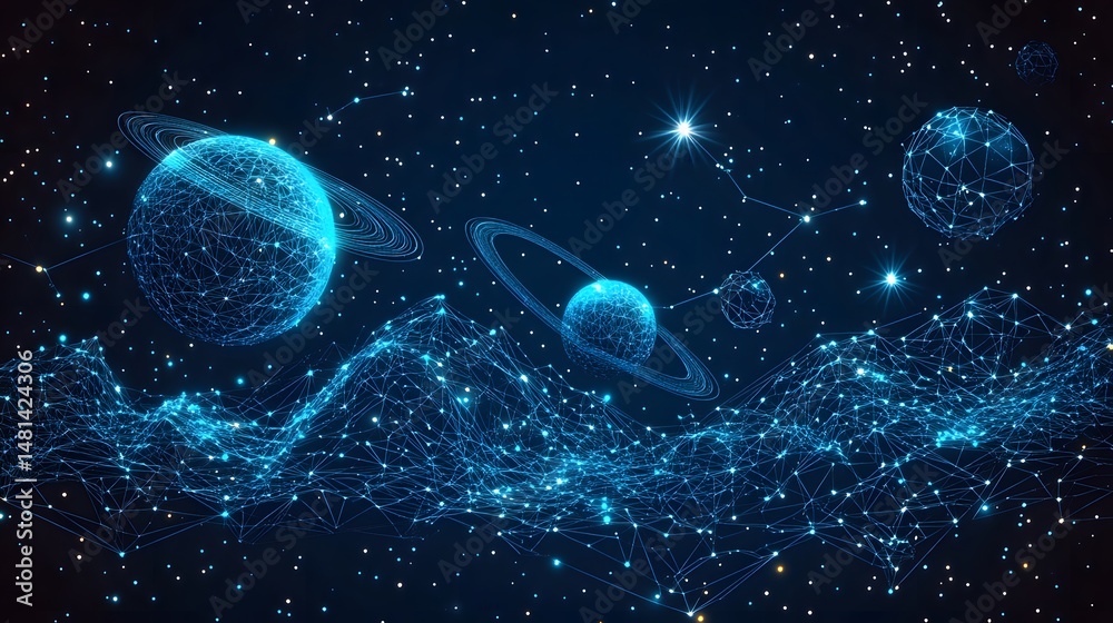 Poster Digital space art showcasing glowing blue wireframe planets and constellations. Evokes cosmic tech and futuristic exploration. Ideal for science and innovation themes. Abstract wireframe in dark blue.
