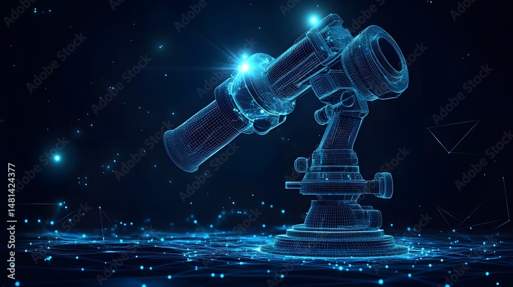 Aufkleber wireframe telescope glows against a dark digital backdrop. precision engineering meets abstract art.