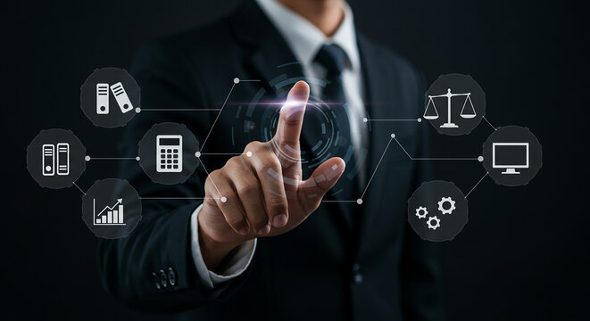 A businessman in a suit touching a digital interface with business and legal related icons displayed real estate business ,technology ,selling ,purchasing ,agreement ,$