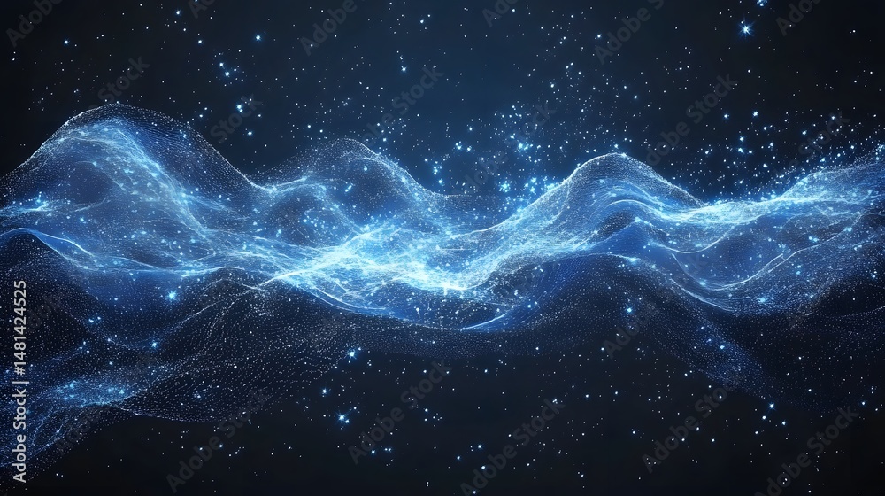 Poster Ethereal waves of data shimmer against a cosmic backdrop. A mesmerizing display of interconnected particles creates a sense of flow and vastness. Abstract wireframe in dark blue.