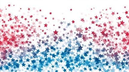 Fototapeta premium Scattered star pattern design, gradient density arrangement, patriotic color palette, fading star elements, clean white background, minimal geometric shapes, soft red and blue tones, decorative star