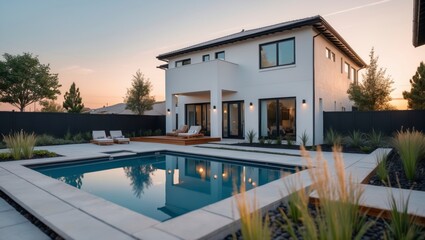 Obraz premium Contemporary two-story suburban home with a stunning pool and modern design features surrounded by inviting landscaping creating a relaxing outdoor space for family enjoyment