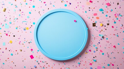Pale blue round frame surrounded by rainbow confetti pieces, holographic metallic paper fragments, soft pink gradient backdrop, minimalist celebration layout, overhead photography style, studio
