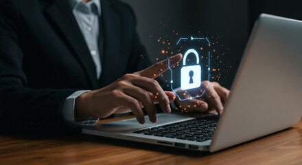 Person using laptop with digital padlock overlay for data protection and cybersecurity concept shown here real estate business ,technology ,selling ,purchasing ,agreement ,$
