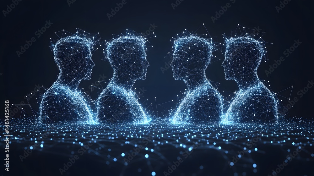 Aufkleber Futuristic digital humans emerge from data streams, symbolizing AI and interconnectedness. Abstract wireframe in dark blue embodies technology and digital identity. Perfect stock photo.