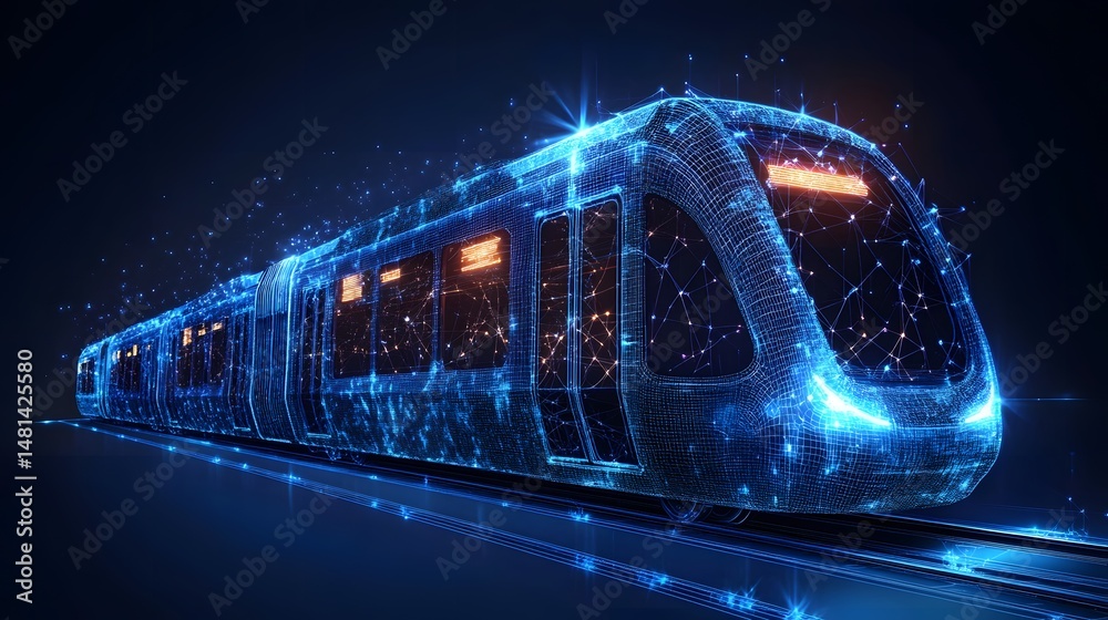 Poster Futuristic glowing blue train hurtles through the night. Interconnected lines and illuminated tracks create a mesmerizing abstract design. Abstract wireframe in dark blue.