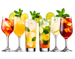 A vibrant array of colorful cocktails, garnished with lime and mint, presented in various glassware