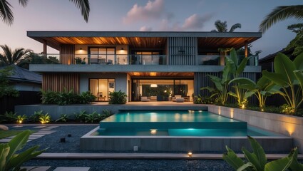 Fototapeta premium Beautifully designed luxury three-level house nestled in tropical surroundings featuring unique architecture and spacious interiors perfect for relaxed living and entertaining