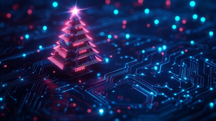 Digital circuit board christmas tree design, glowing electronic pathways, neon blue data streams, technological ornaments, cyberpunk holiday aesthetic, binary code patterns, illuminated tech nodes,