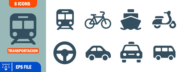 Transportation Icons Train, Bicycle, Ship, Scooter, Steering Wheel, Car, Taxi, Van