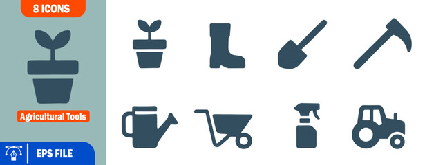 Eight Agricultural Tools Icons Plant, Boots, Shovel, Hoe, Watering Can, Wheelbarrow, Spray Bottle,