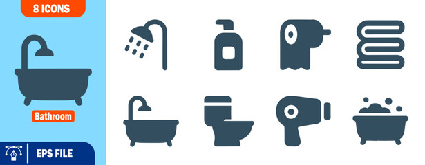 Bathroom Icon Set 8 Modern Flat Glyph Icons for Web and Mobile Design