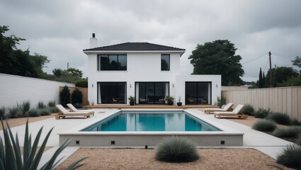 Fototapeta premium A modern three-level minimalist house featuring a refreshing pool and beautiful outdoor spaces set in a tranquil suburban neighborhood with inviting design elements