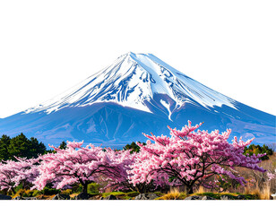 Majestic snow-capped mountain with vibrant cherry blossoms. Lush greenery and a serene atmosphere