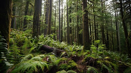Lush Green Forest Scene Sunlight Filtering Through Trees and Foliage Detail