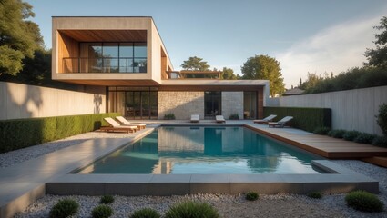 Fototapeta premium A trendy minimalist two-level modern house with striking architectural features surrounded by a lush green landscape and bright blue skies highlighting contemporary living