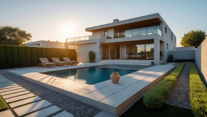 Fototapeta premium Modern minimalist two-level suburban house featuring large and a bright open floor plan creating an inviting atmosphere for comfortable living and family interaction