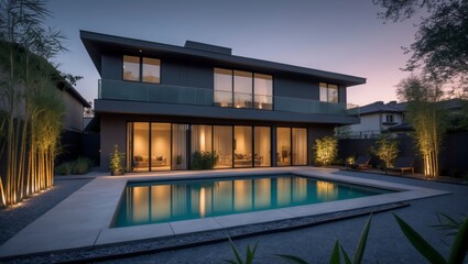 Fototapeta premium A stunning modern three-level suburban house featuring contemporary architecture with large surrounded by lush greenery and a beautifully landscaped front yard