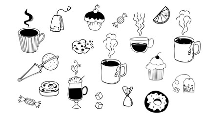 Tea or coffee beakfast, brunch lunch menu, dessert, cupcake, sweets line hand drawn textured elements, retro vintage sketch. Dolce vita breakfast doodle