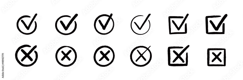 Fototapete Check tick mark icon set. Cross box x check mark checkbox v list vector draw hand drawn sketch doodle brush marker checklist symbol wrong right circle. Vector Illustration
