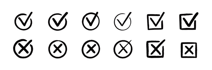 Check tick mark icon set. Cross box x check mark checkbox v list vector draw hand drawn sketch doodle brush marker checklist symbol wrong right circle. Vector Illustration © Polina Tomtosova