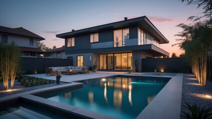 Fototapeta premium Contemporary two-level suburban house with a flat roof and a spacious front yard nestled in a friendly community surrounded by greenery and trees