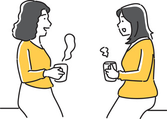 ホットドリンクを飲みながら会話をする女性