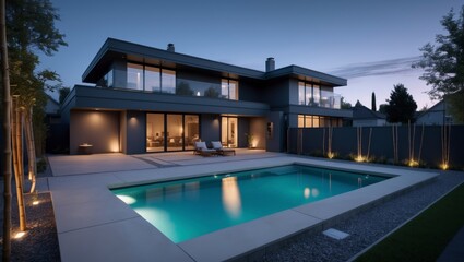 Fototapeta premium Elegant modern two-level suburban house with a flat roof and warm exterior colors set in a family-friendly neighborhood with beautifully landscaped gardens