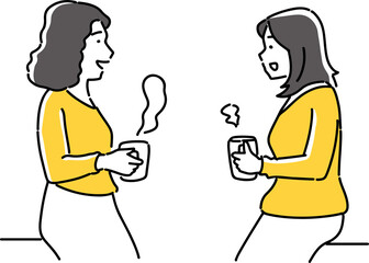 ホットドリンクを飲みながら会話をする女性