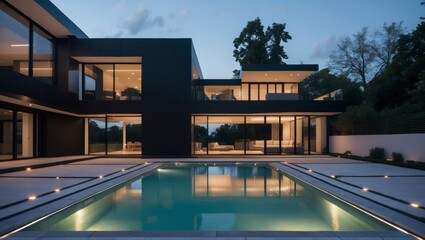 Fototapeta premium Stunning monolithic-style three-level modern home with sleek lines and expansive glass facades surrounded by lush landscaping and a bright blue sky