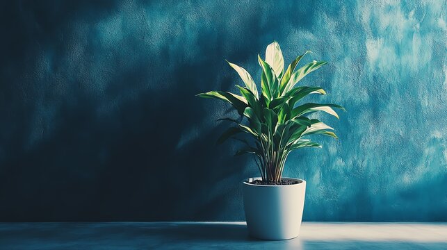 Wideangle shot of a single potted plant in a modern interior against a textured dark blue wall soft lighting highlights the simplicity and elegance of the scene