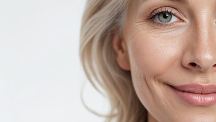 Fototapeta premium Happy middle age old woman looking at camera isolated on white background advertising dry skin care treatment anti age skincare beauty, plastic surgery, cosmetology procedures. Close up half face view