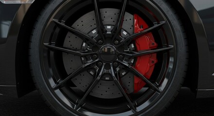 Sleek black rim with red brake caliper