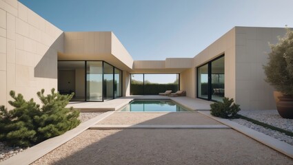 Fototapeta premium Stylish soft beige modern house with geometric features and spacious layout surrounded by lush greenery and offering a comfortable living environment for families in suburban neighborhood