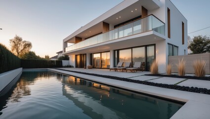 Fototapeta premium Beautiful three-story modern suburban residence featuring contemporary architectural design, expansive , and a welcoming porch with lush landscaping under clear bright blue skies