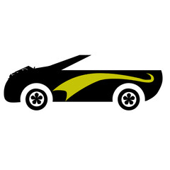 Abstract yellow car silhouette with stylized wheels on a transparent background.