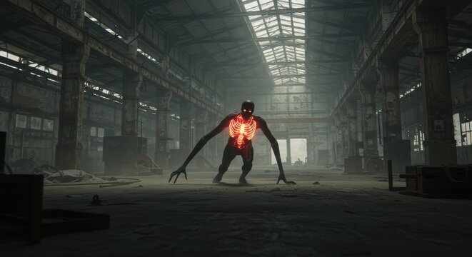 Glowing creature in industrial hallway
