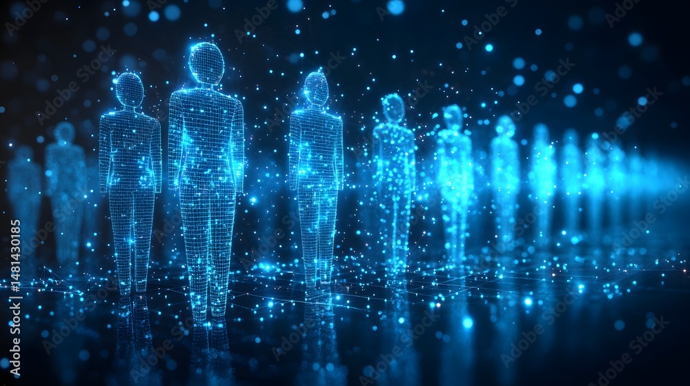 Leinwandbilder Futuristic figures rendered in blue wireframe stand in digital light. Reflections enhance the high-tech scene. Abstract wireframe in dark blue. Promotes innovation and technology.