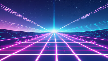 A retro-futuristic 80s-style glowing grid with vibrant neon blues, purples, and pinks stretching toward a glowing digital horizon.
