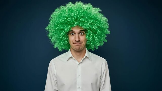 Man with a green wig and white shirt looking goofy against a blue background.