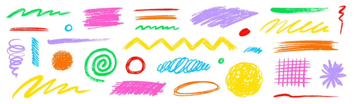 Crayon pencil scribble chalk texture brush stroke element set. Hand drawn crayon pencil brush stroke texture line color shape. Children chalk scratch hand drawn style. Vector illustration