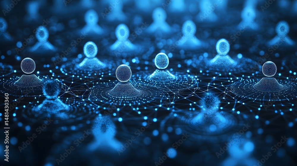 Fototapete Networked figures populate a digital landscape, connected by intricate lines and dots. A powerful visual metaphor for interconnectedness and technology. Abstract wireframe in dark blue.