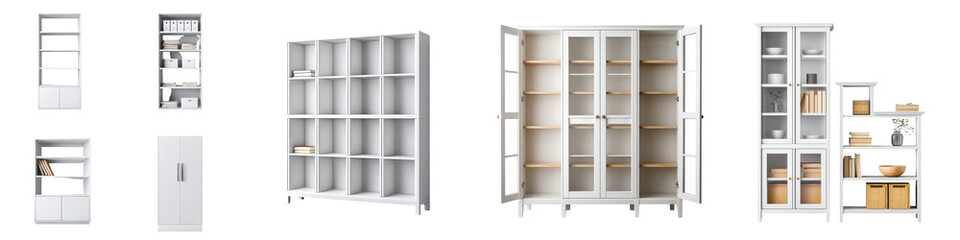 Modern, sleek shelving units in white for versatile storage, featuring open and closed storage designs ideal for organizing and displaying home or office items