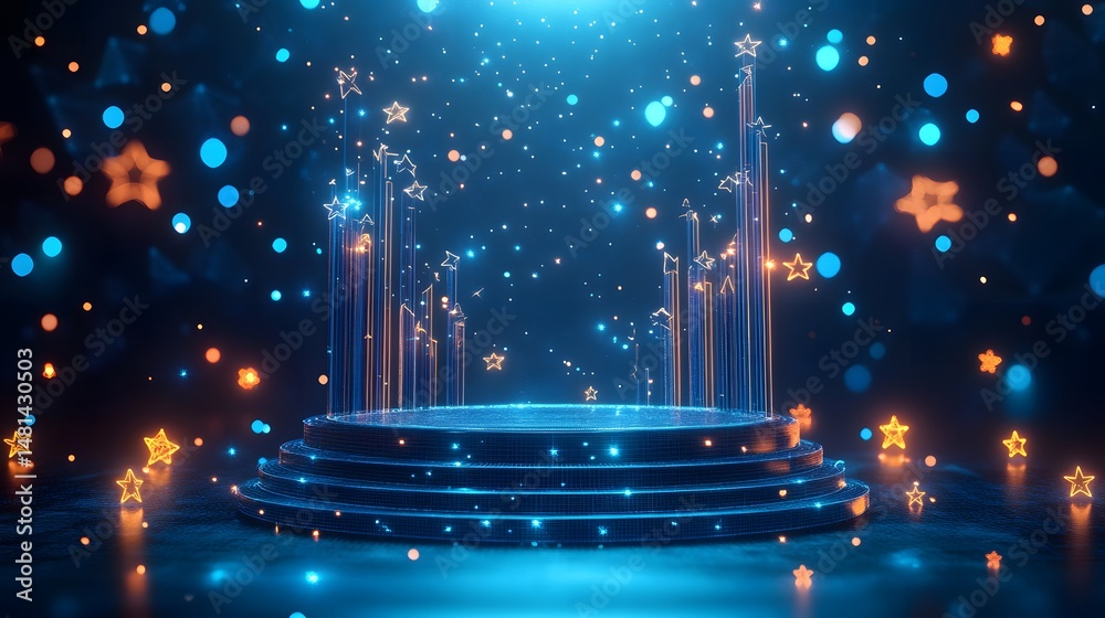 Poster magical platform with glowing towers and stars, set against a dreamy bokeh background of blue and or